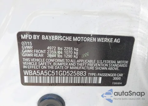 2016 BMW 528I из США, поврежденный, VIN WBA5A5C51GD525883